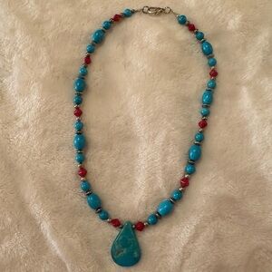 Beaded Necklace w/ Teardrop Howlite Stone Pendant 16” Long Boho Southwestern